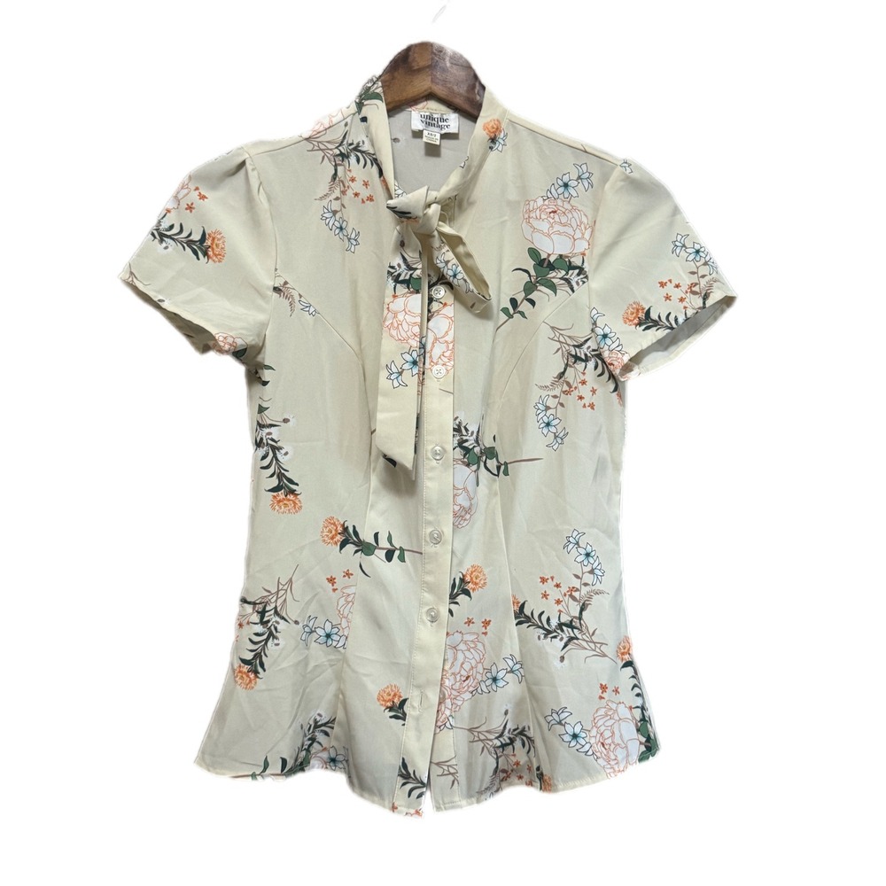 Unique Vintage Cream Floral Tie-Neck Blouse